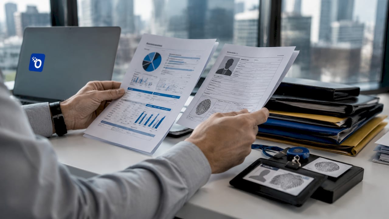 Close-up of hands reviewing security risk documents in server room