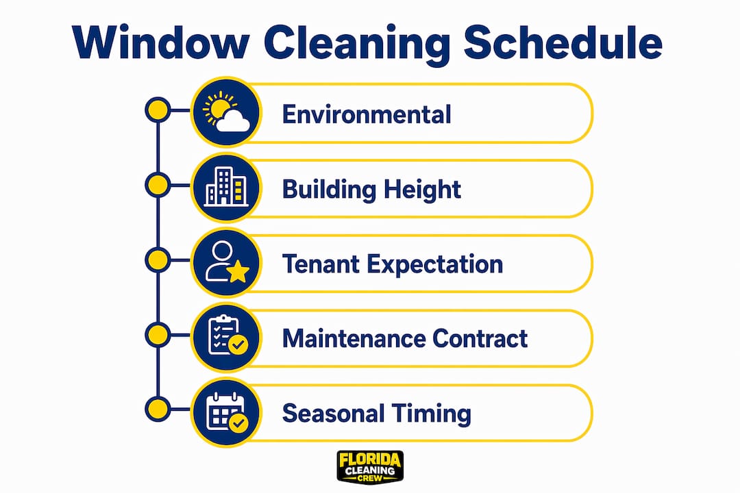Infographic illustrating five key factors for scheduling window cleaning