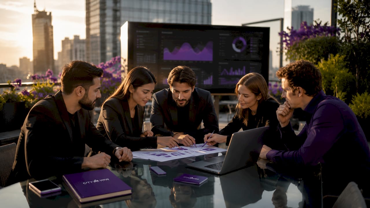Marketing team examining SEO data and graphs