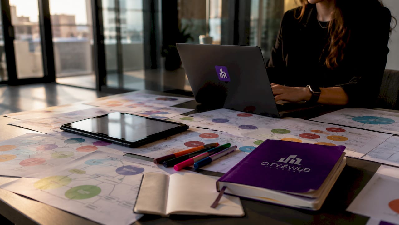 Close-up of keyword clustering materials on desk