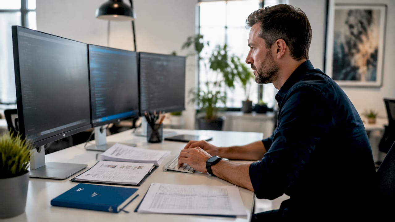 Recruitment officer typing data at workstation