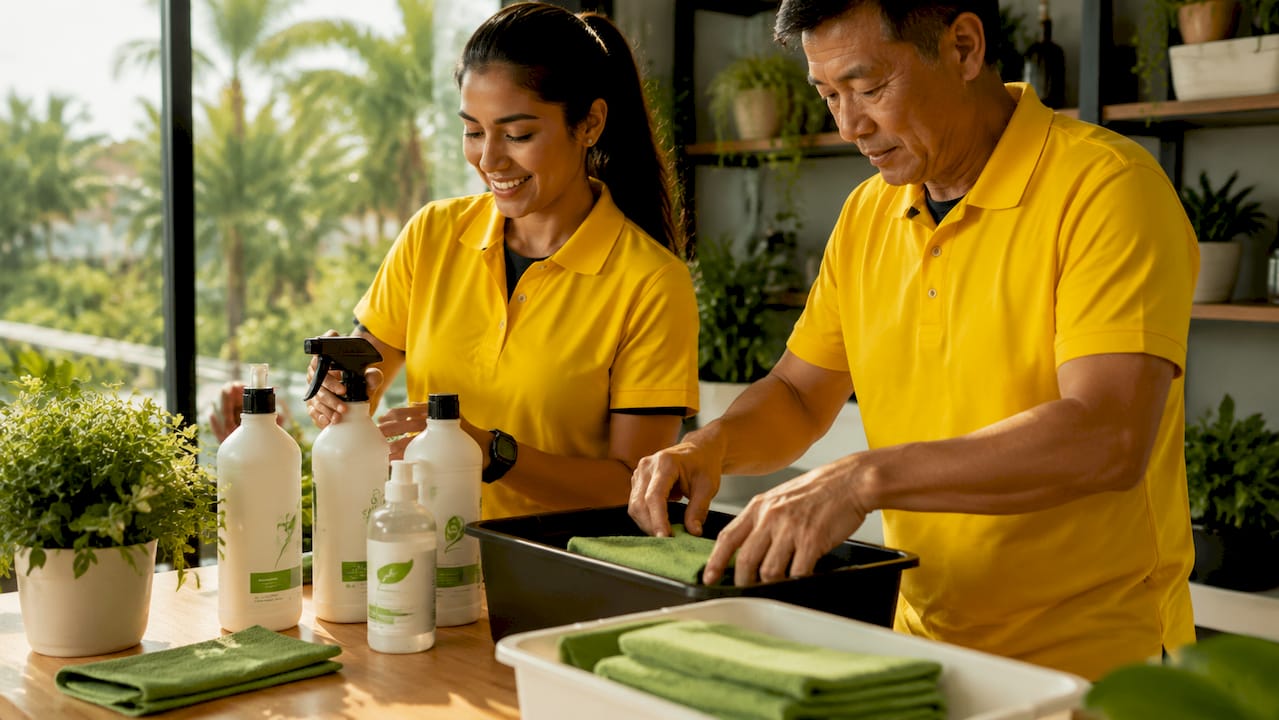 Hands organizing eco-friendly cleaning supplies in Florida office