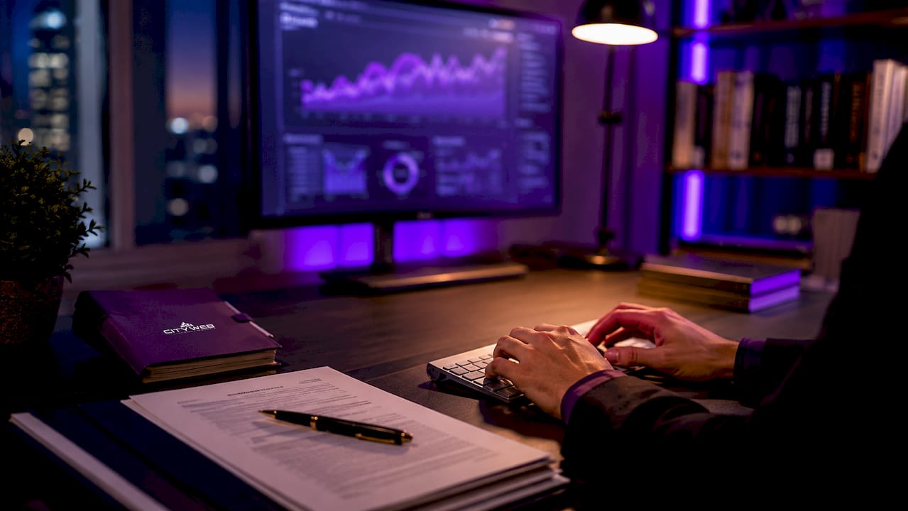 Hands typing near AI search data visualization screens