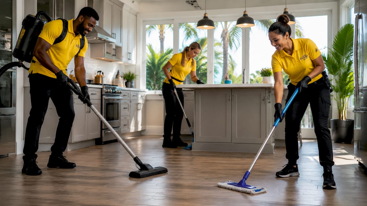 Cleaning crew cleaning living room floor in Florida rental