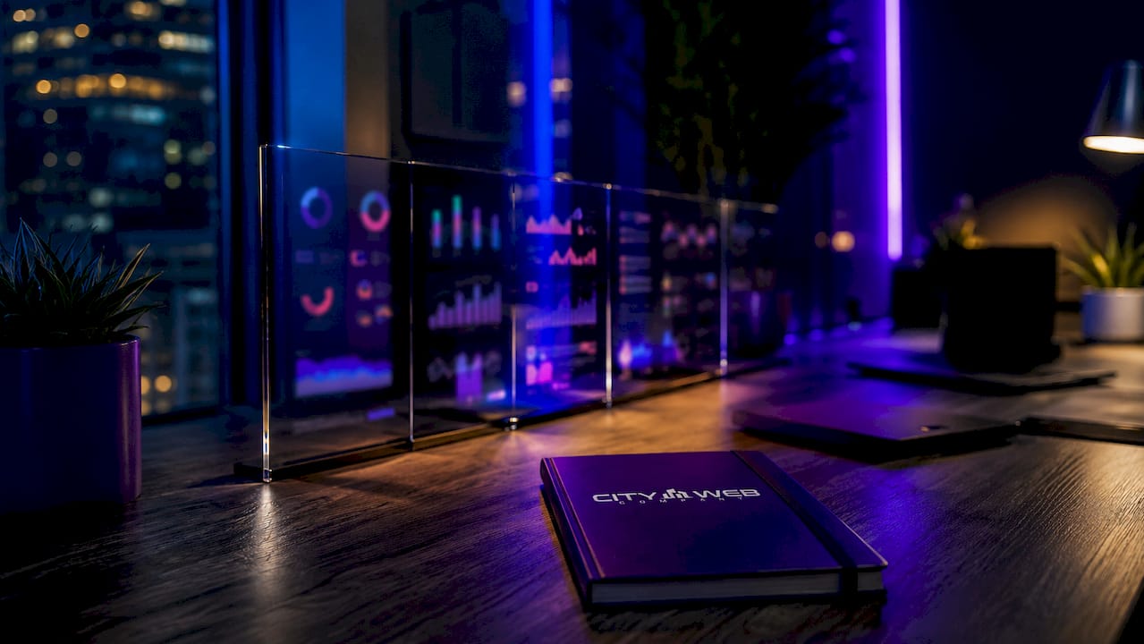 Layered acrylic panels with review data visualizations