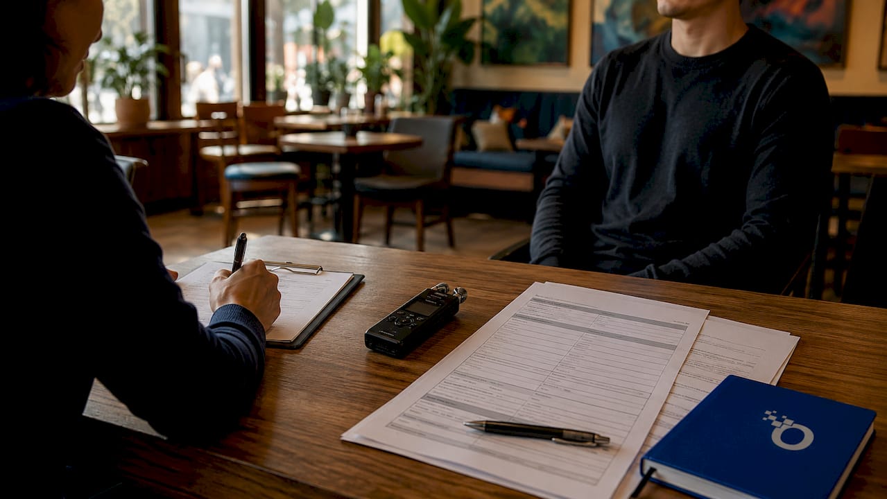 Hands holding recorder and questionnaire during interview