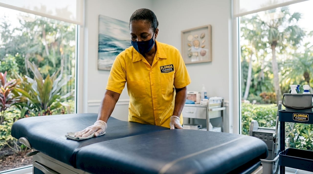 Cleaner disinfecting exam table in Florida clinic