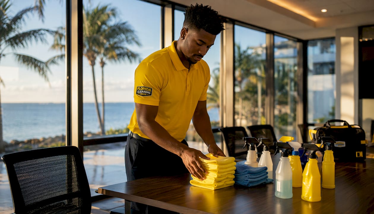 Cleaning staff arranging supplies on cart in Florida office
