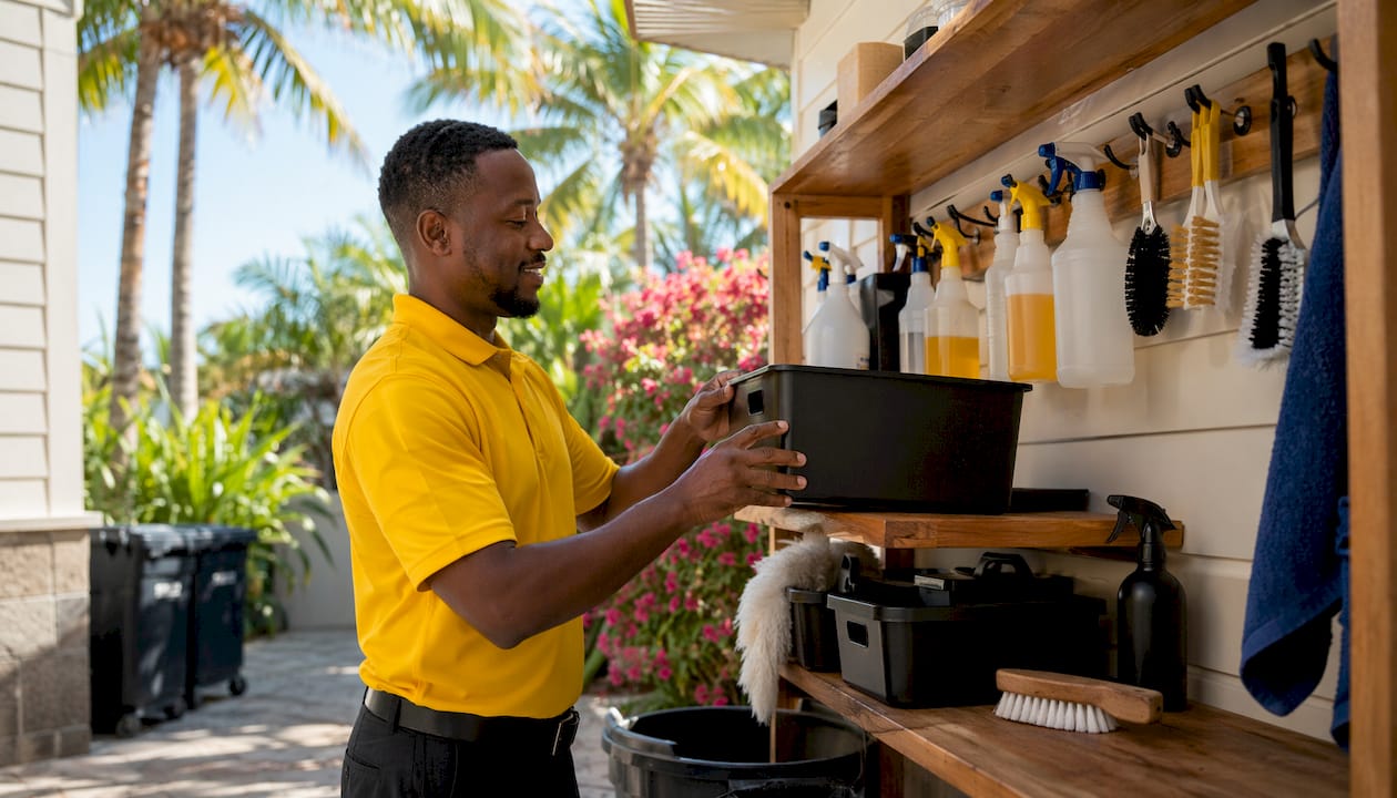 Male cleaner organizing cleaning supplies