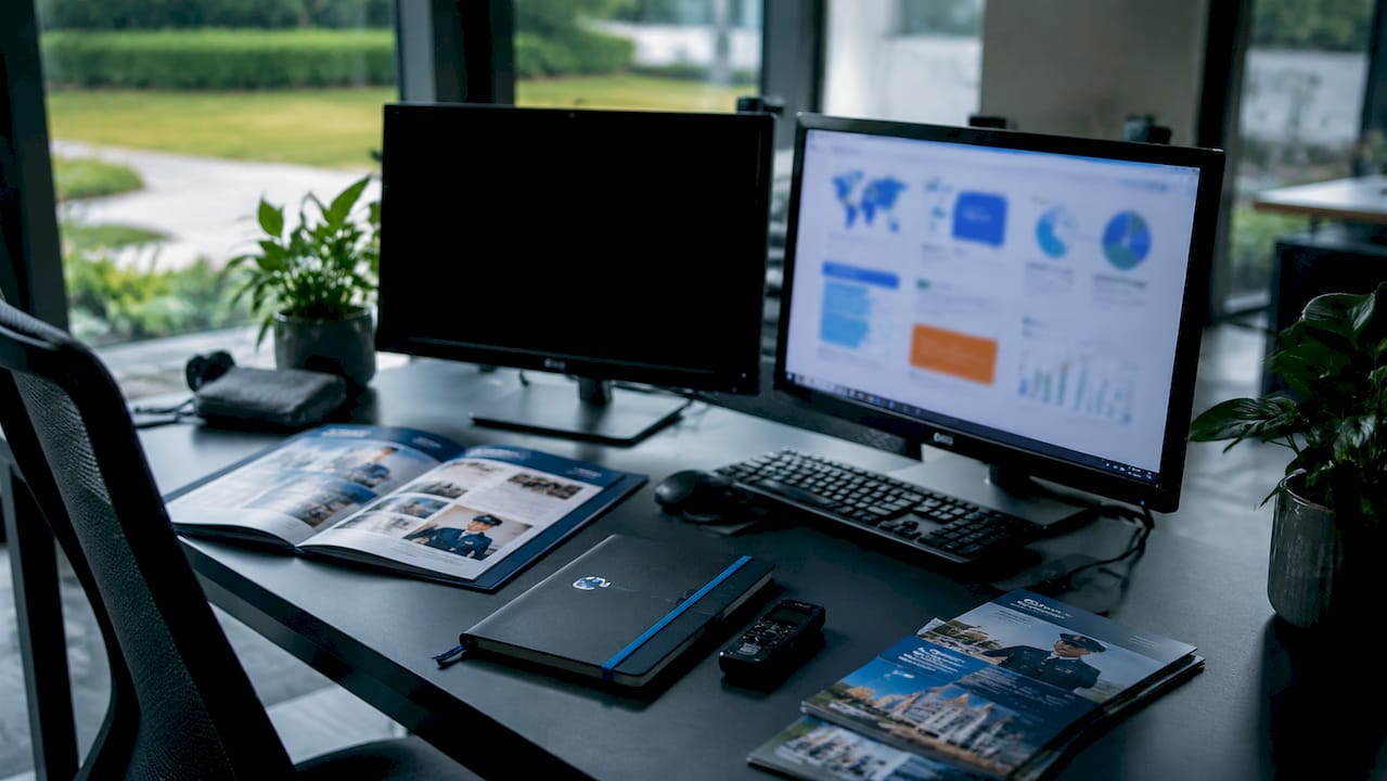 Recruitment unit workspace with monitors and documents