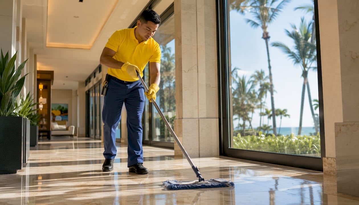 Housekeeper mopping wet floor in Florida building