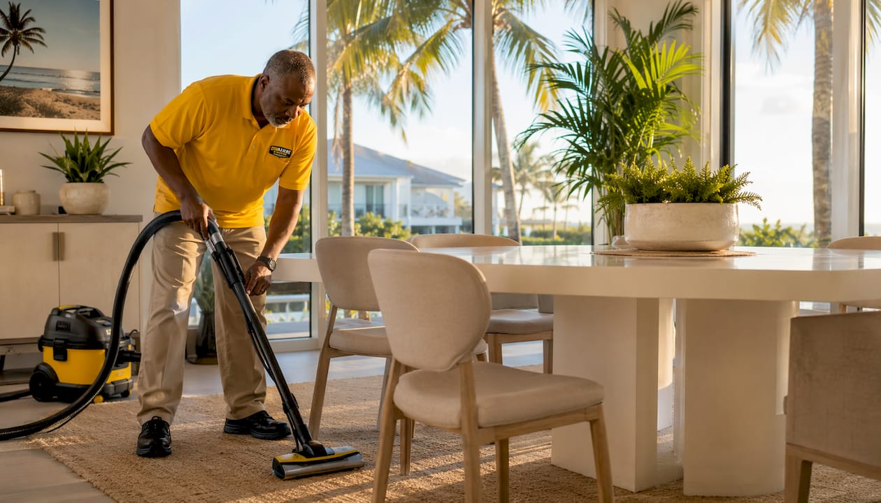 Cleaner vacuuming sofa in bright coastal living room