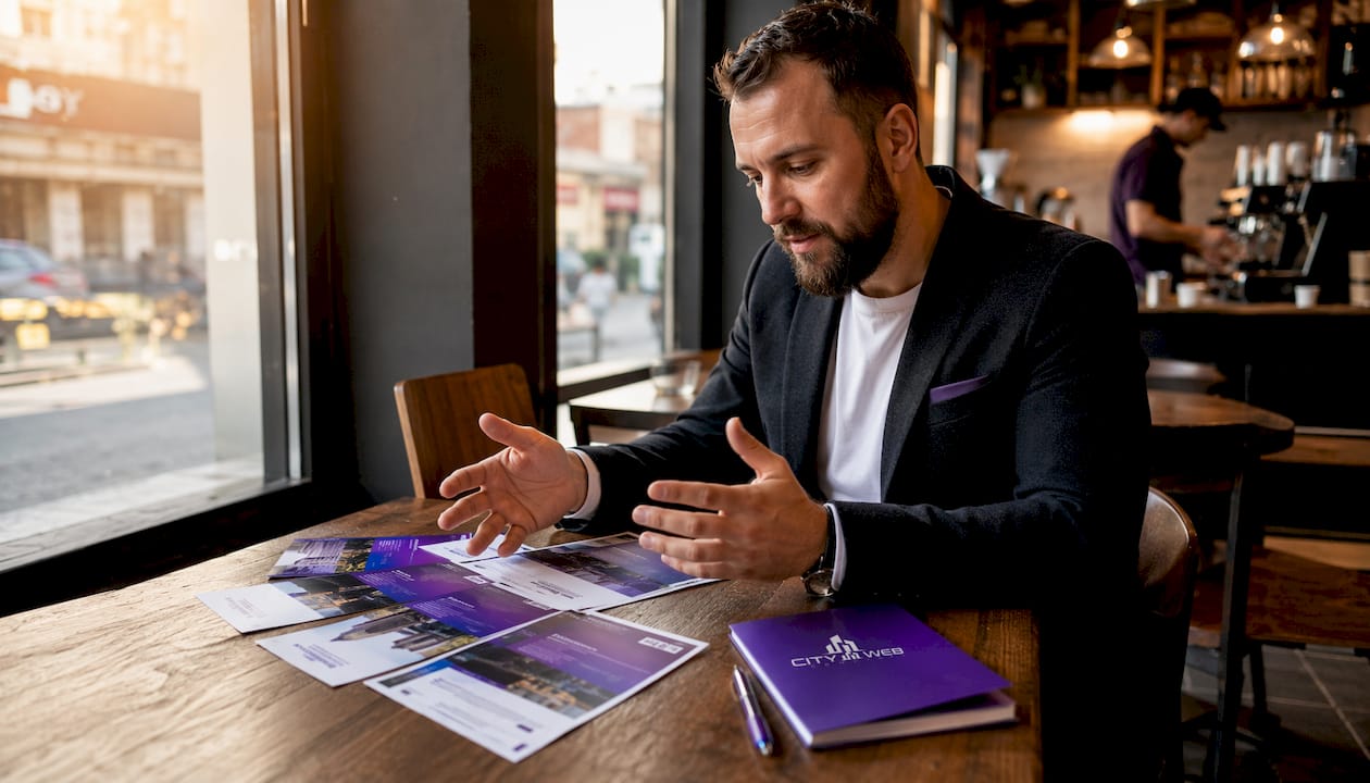 Business owner planning referral program in conference room