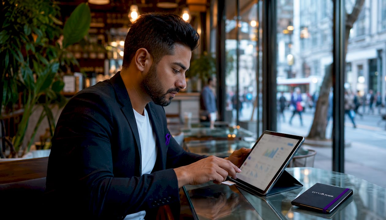 Hands interacting with business profile analytics tablet