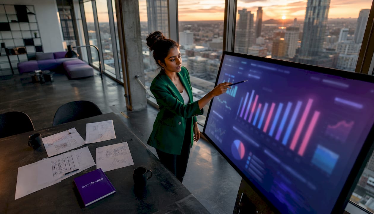 Woman interacting with paid ads data visualization