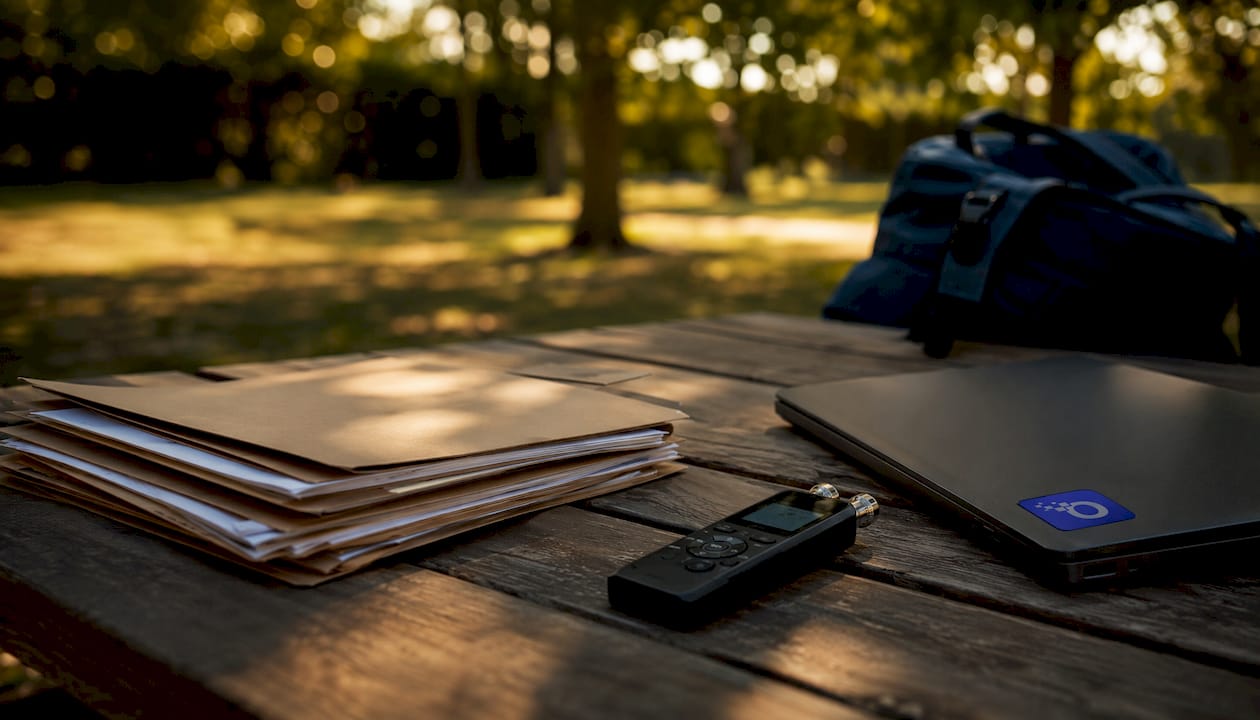 Police interview preparation with files and recorder