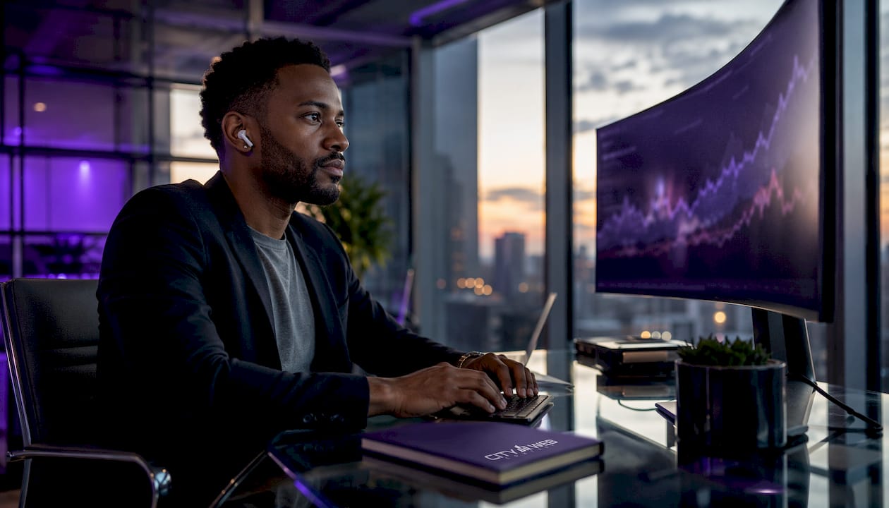Side view of data analyst in modern office with glowing charts