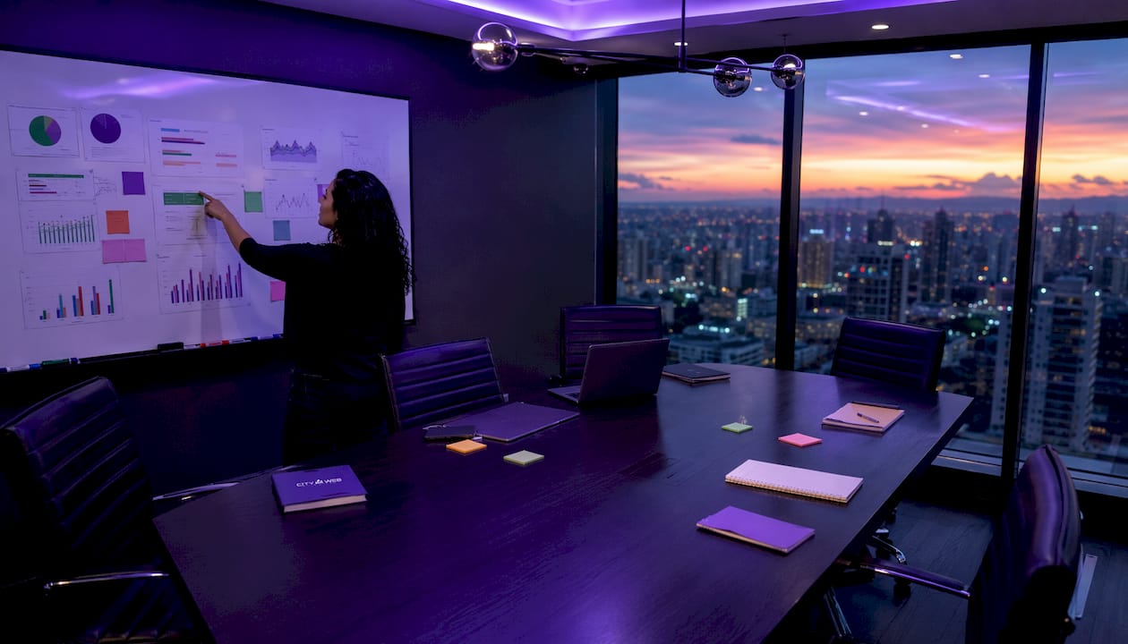 Overhead view of digital marketing control room with hands interacting