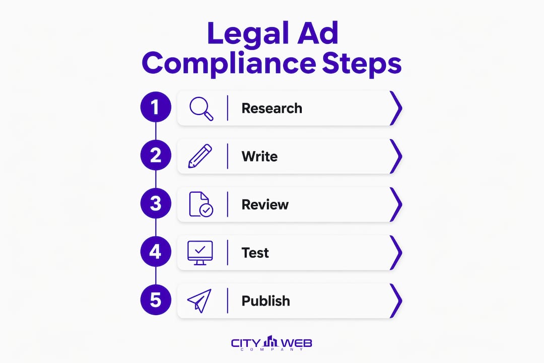 Infographic showing legal ad compliance process steps