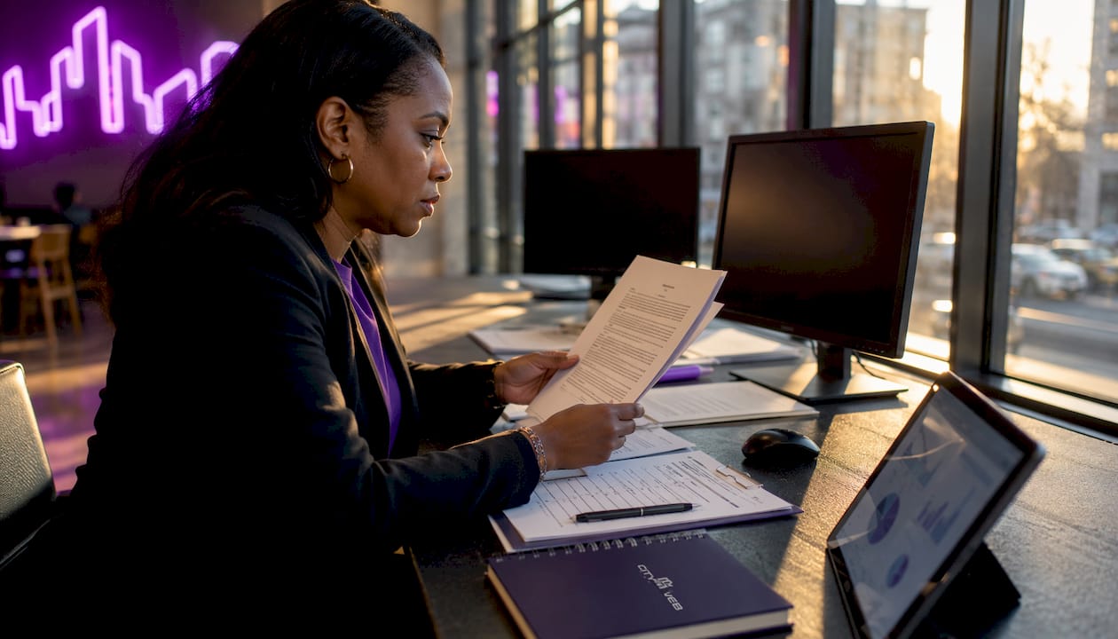 Compliance officer reviewing legal ad guidelines