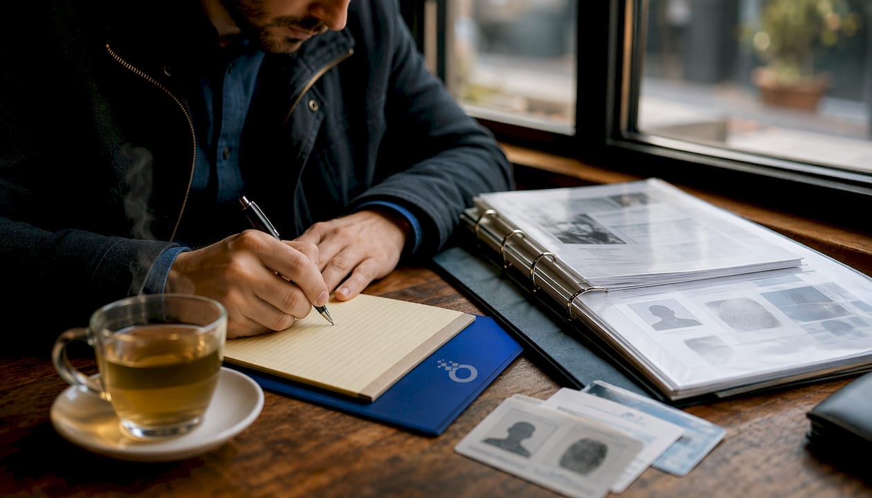 Investigator hands processing background reports