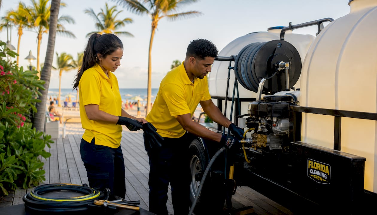 Professional staff prepping pressure washing equipment outdoors