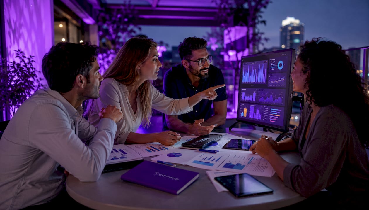 Marketing team discussing social media analytics