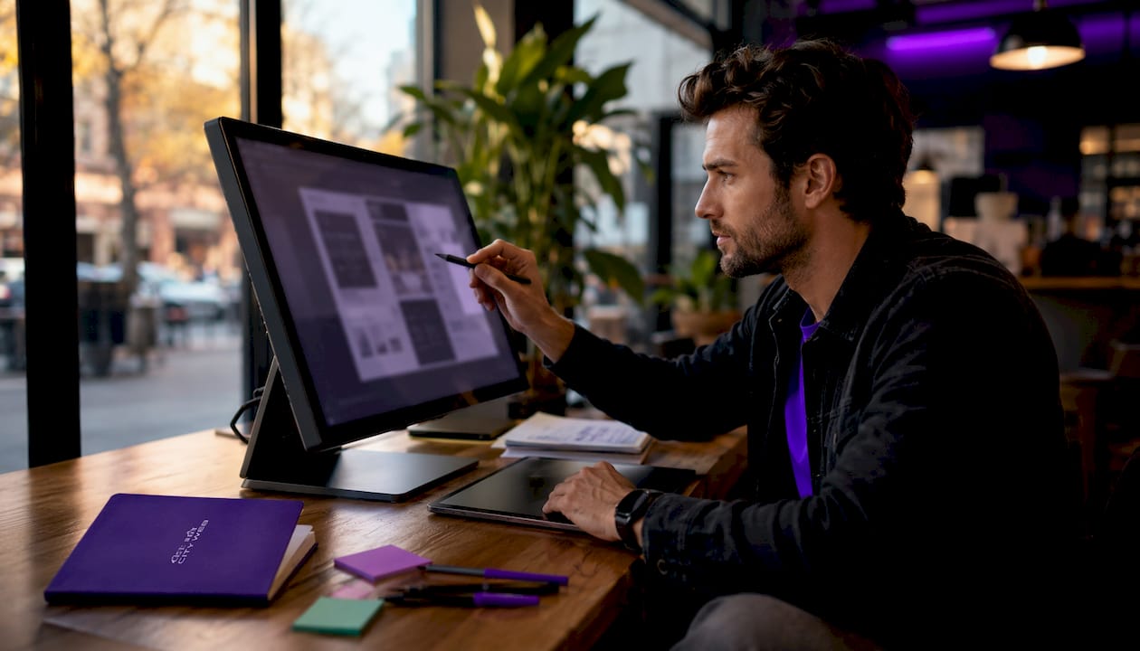 UX designer working on website layout at touchscreen