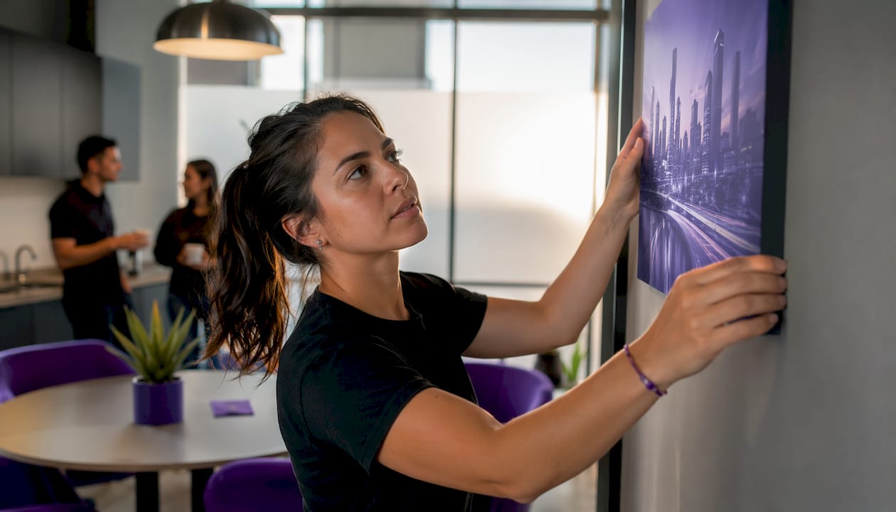 Employee decorating workspace with brand poster