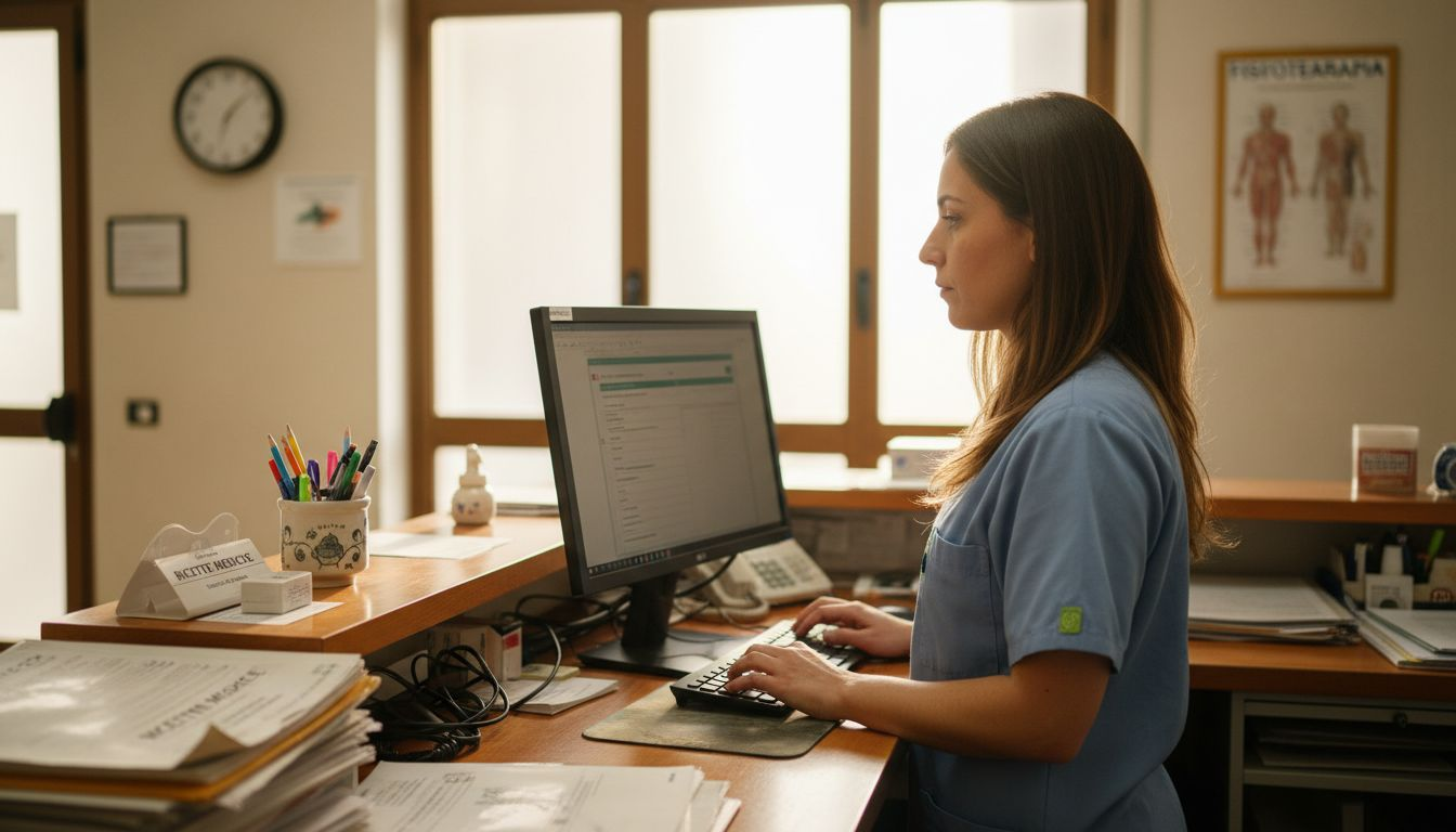 Un’assistente alla reception che coordina e aggiorna gli appuntamenti medici in ambulatorio.