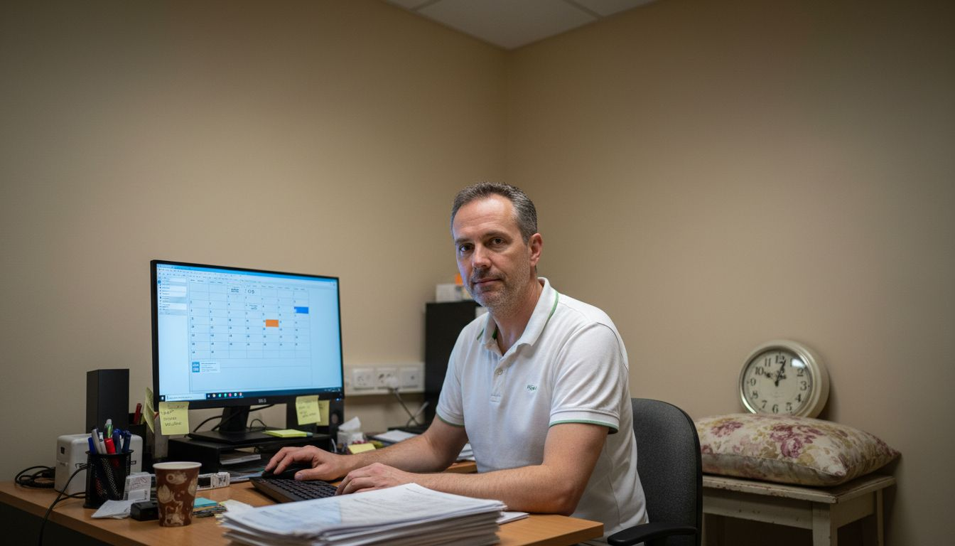 Un fisioterapista organizza gli appuntamenti al computer, pianificando le visite dei pazienti in modo efficiente.