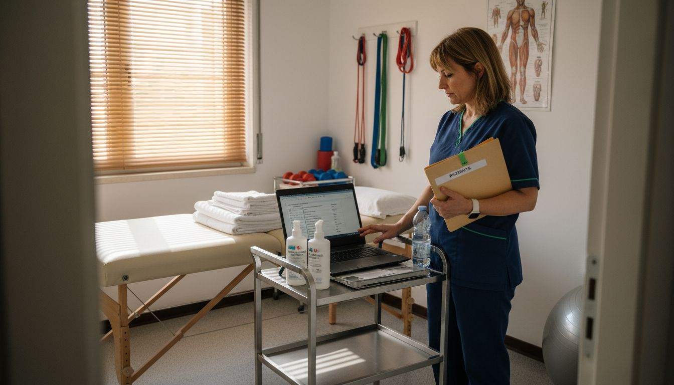 Un terapeuta al lavoro nel suo studio, impegnato davanti al laptop.