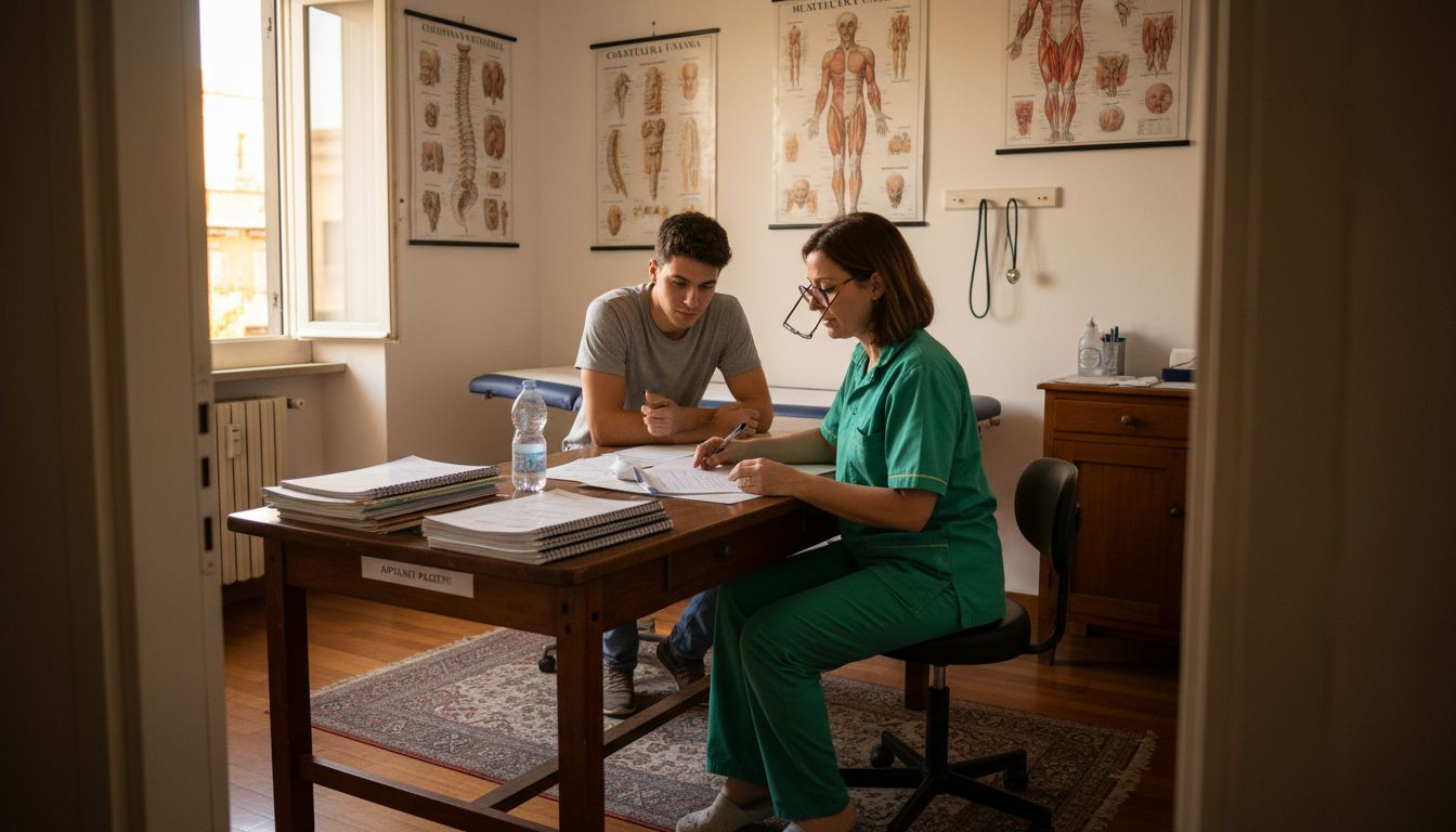 L’osteopata esamina la cartella clinica insieme al paziente