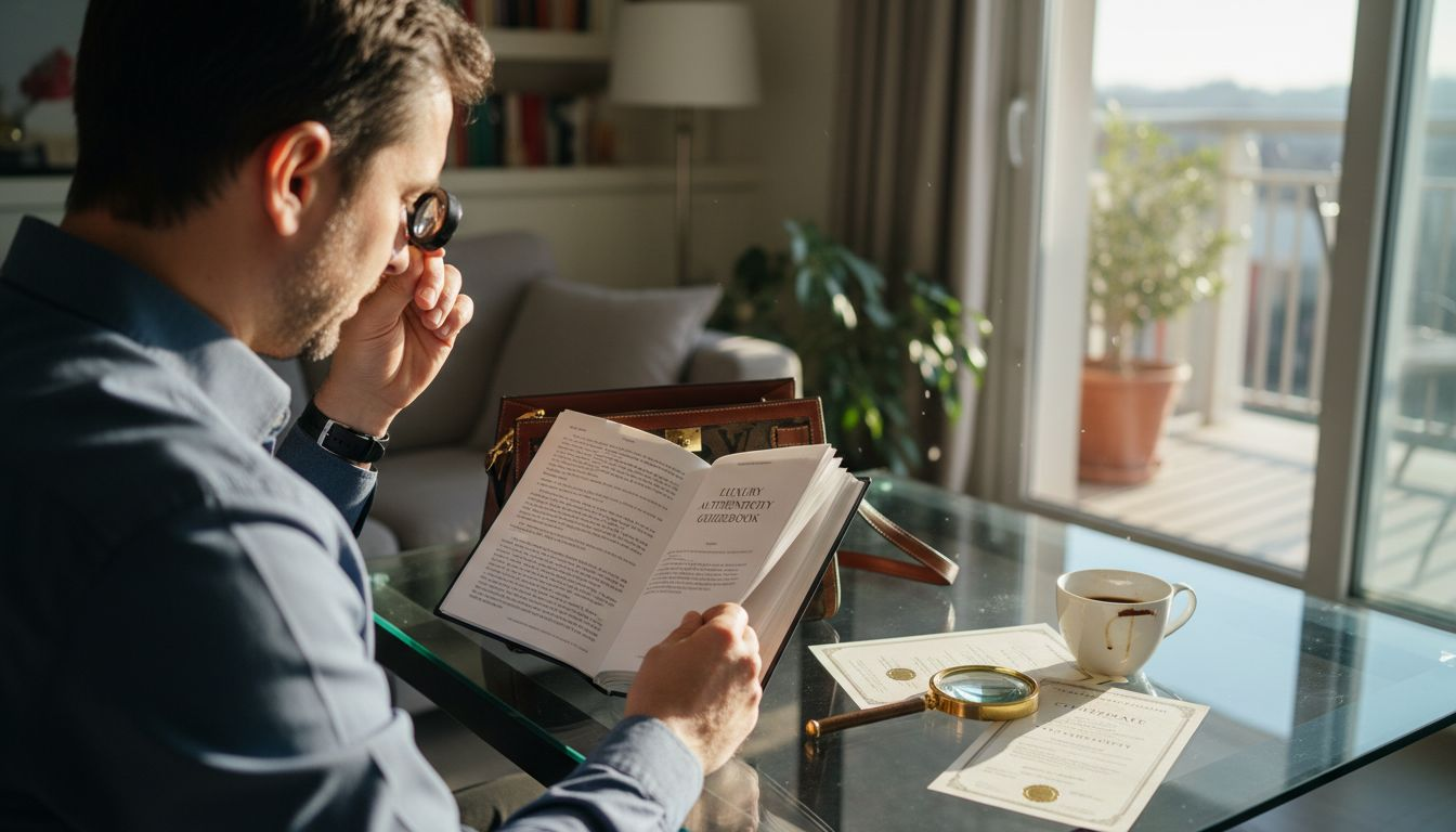 Handbag inspection for authenticity at desk
