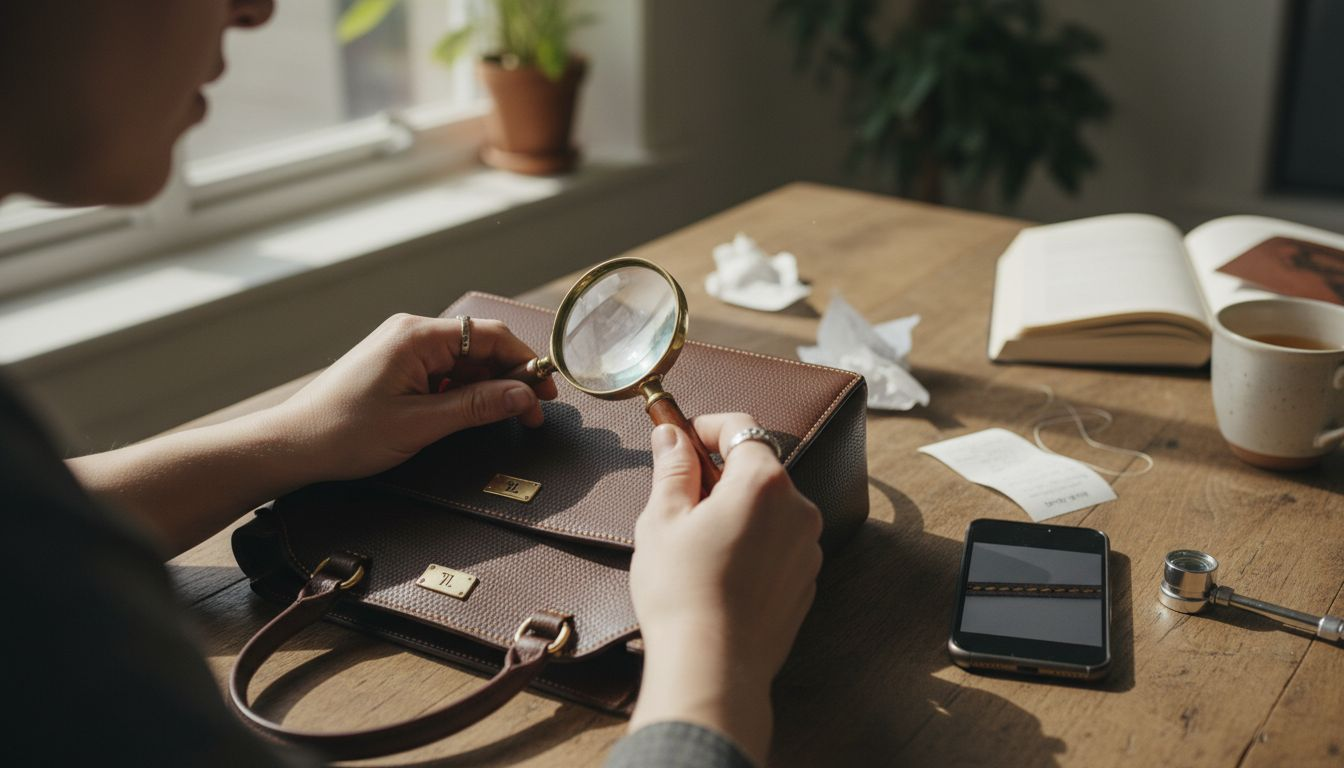 Inspecting bag stitching with magnifying glass