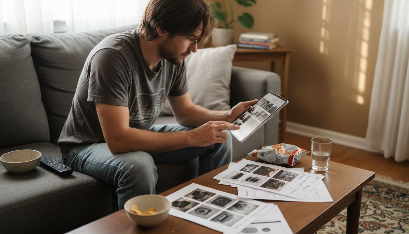 Man verifying designer handbag authenticity online