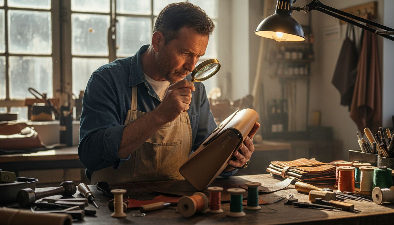 Leather artisan inspecting bag craftsmanship details