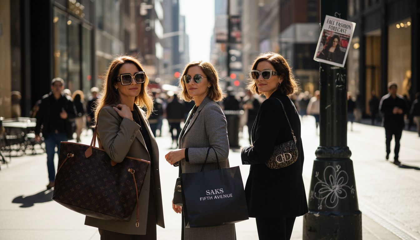 People displaying designer labels on busy street