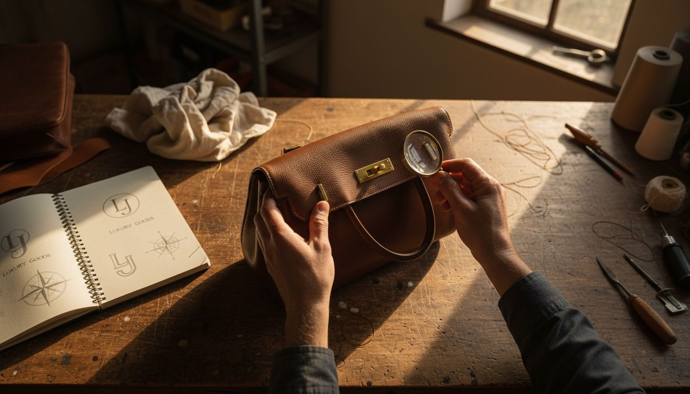 Craftsperson inspecting luxury handbag details