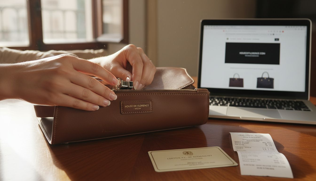 Hands inspecting designer bag authenticity details