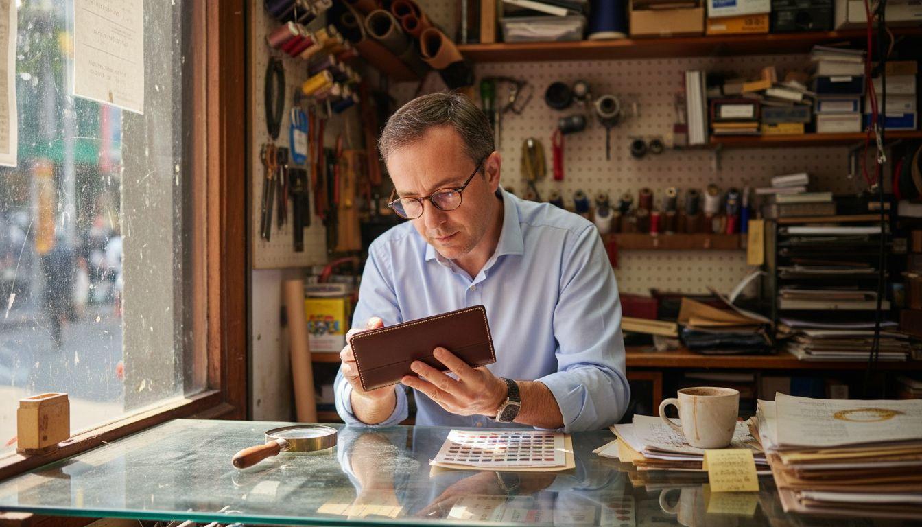Expert closely inspecting designer wallet stitching