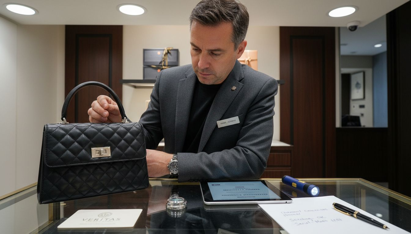 Sales associate authenticates luxury handbag in boutique