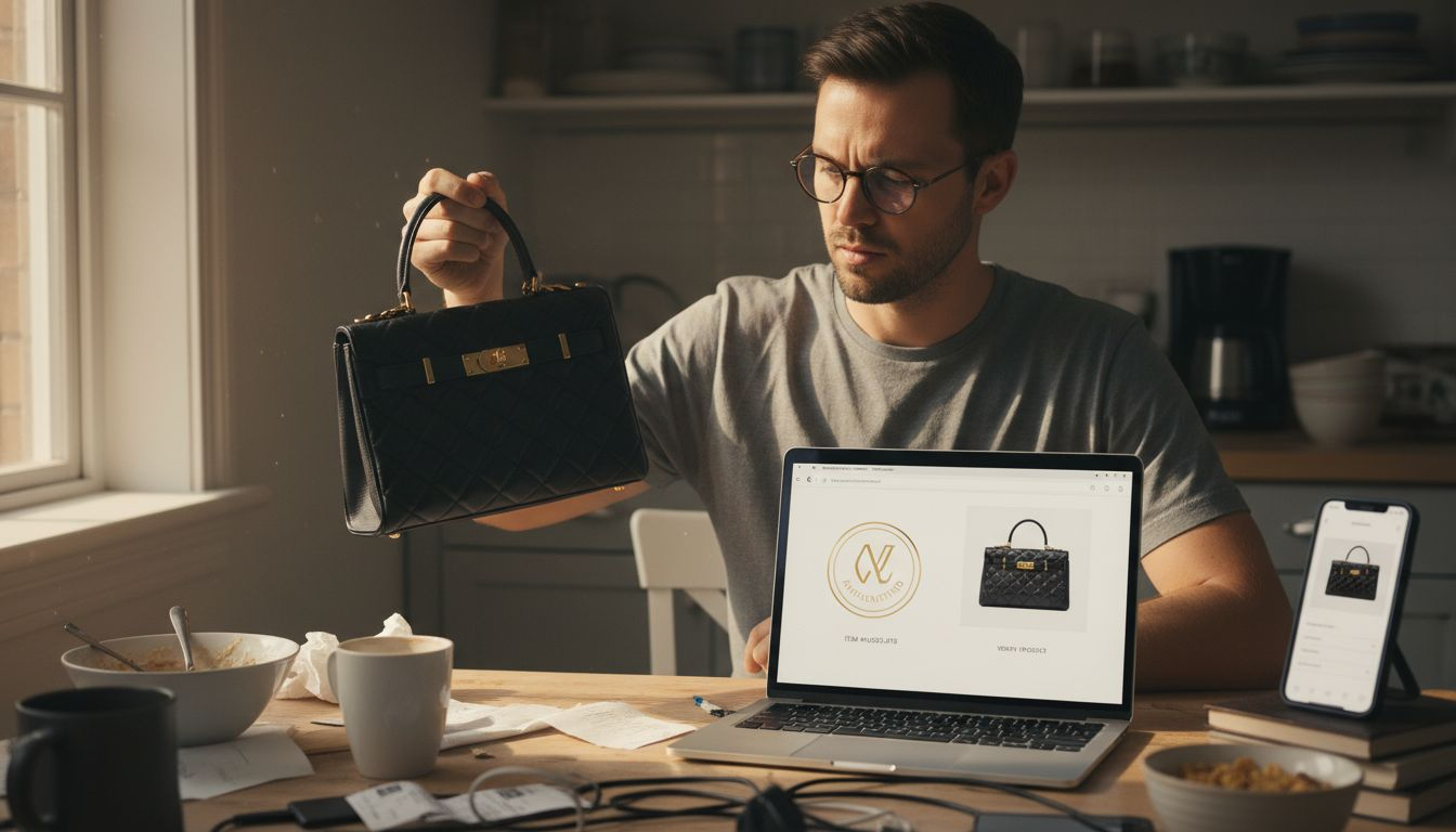 Man verifying designer item authenticity online