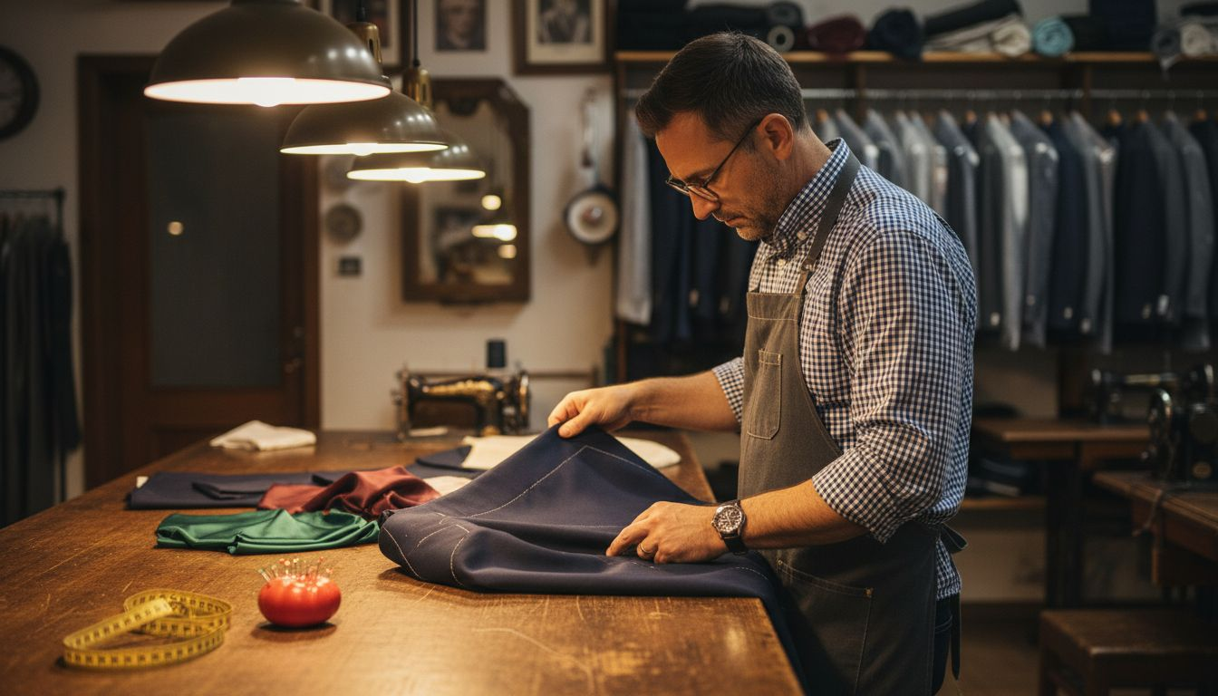 Tailor examining garment at worktable