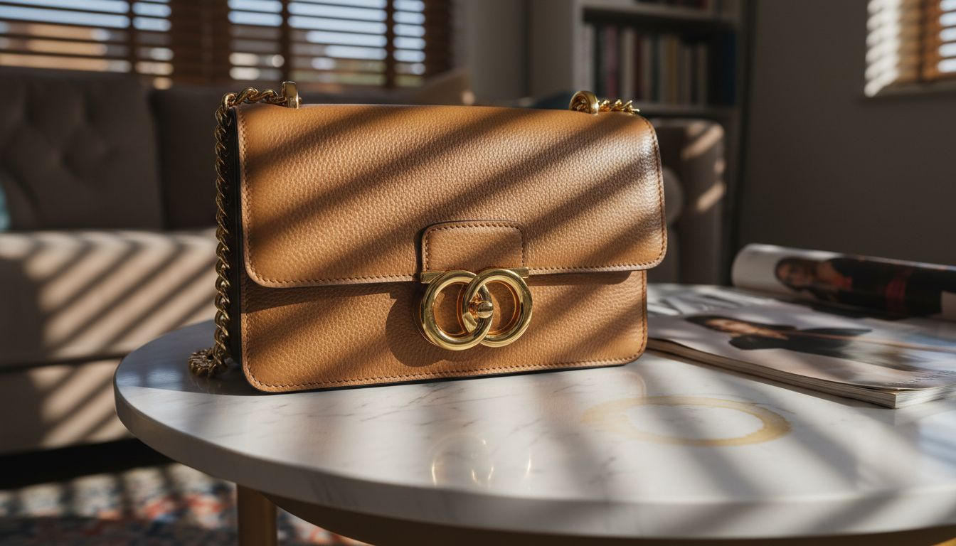 Close-up of authentic designer handbag details