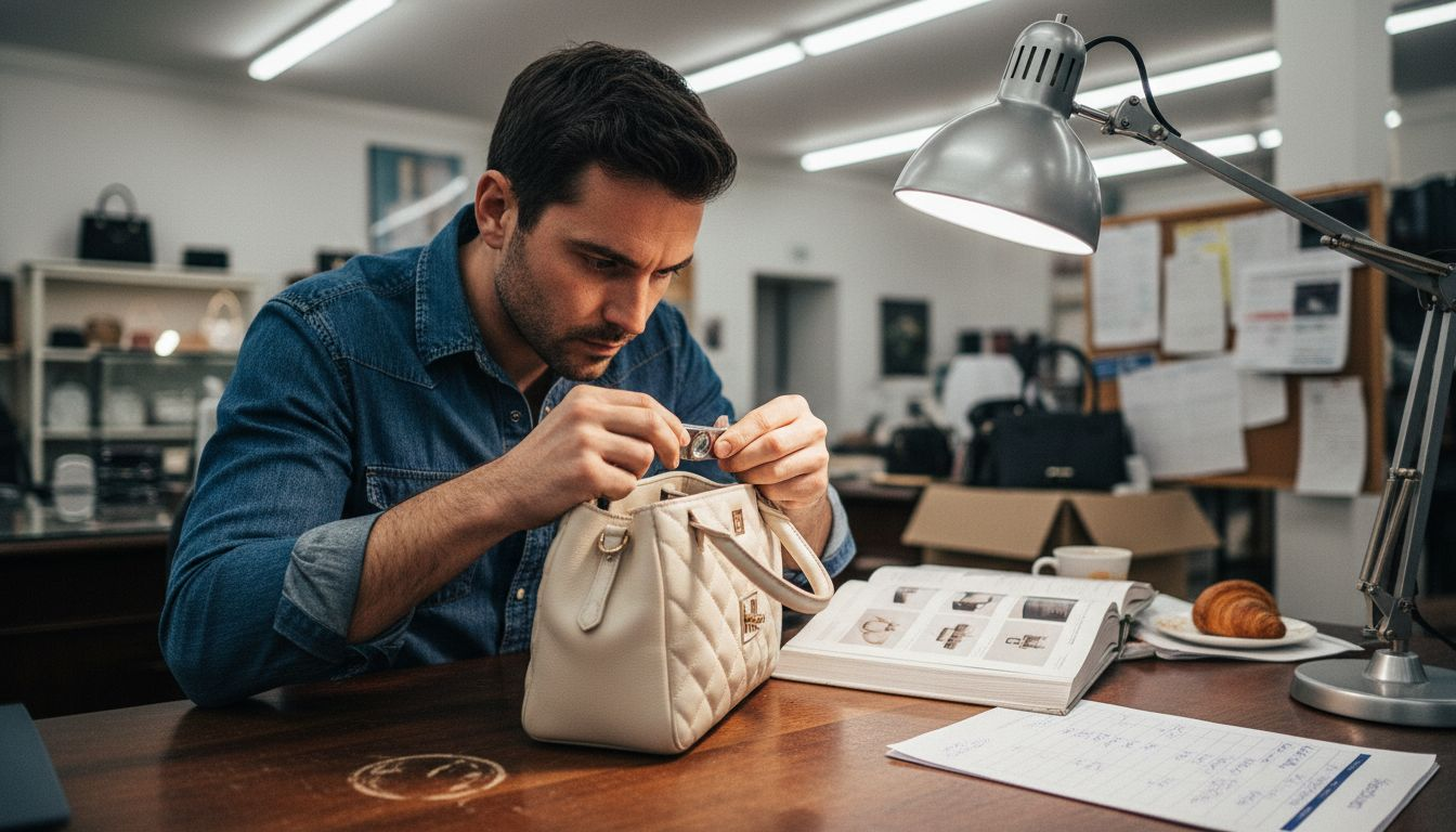 Man inspecting designer bag details