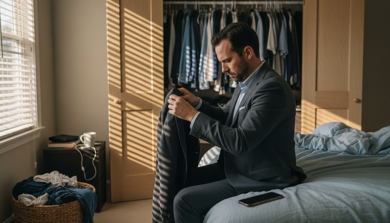 Man evaluating designer jacket quality at home