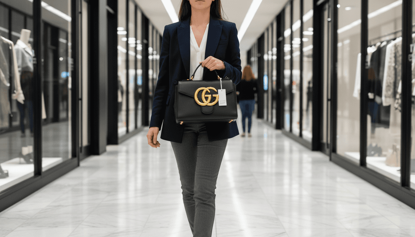 Woman highlighting branded designer handbag