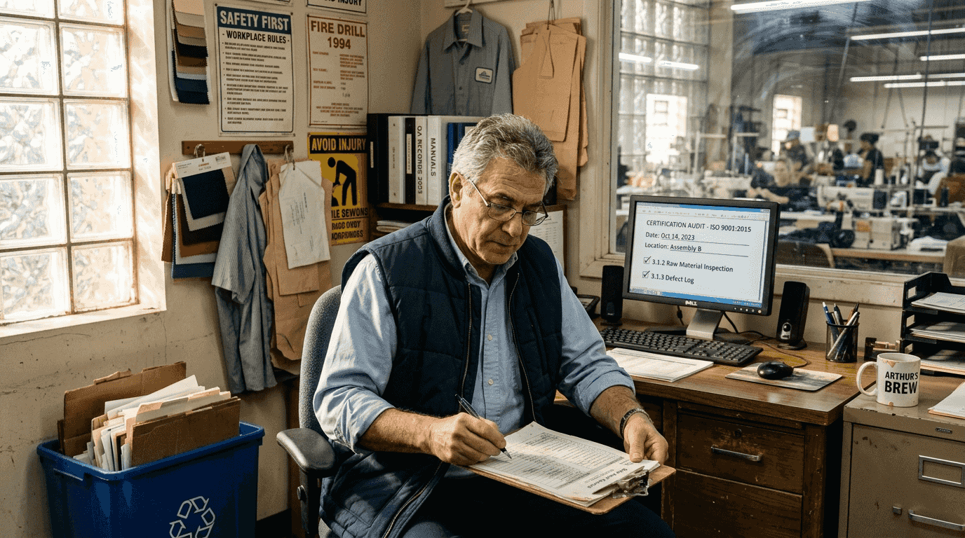 Supervisor reviewing ethical sourcing at factory site