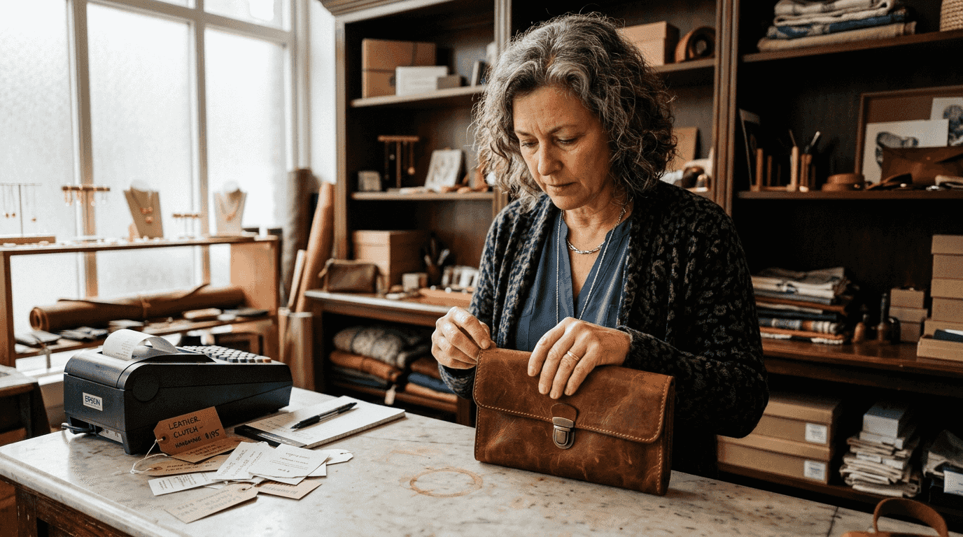 Manager inspecting artisan luxury handbag details